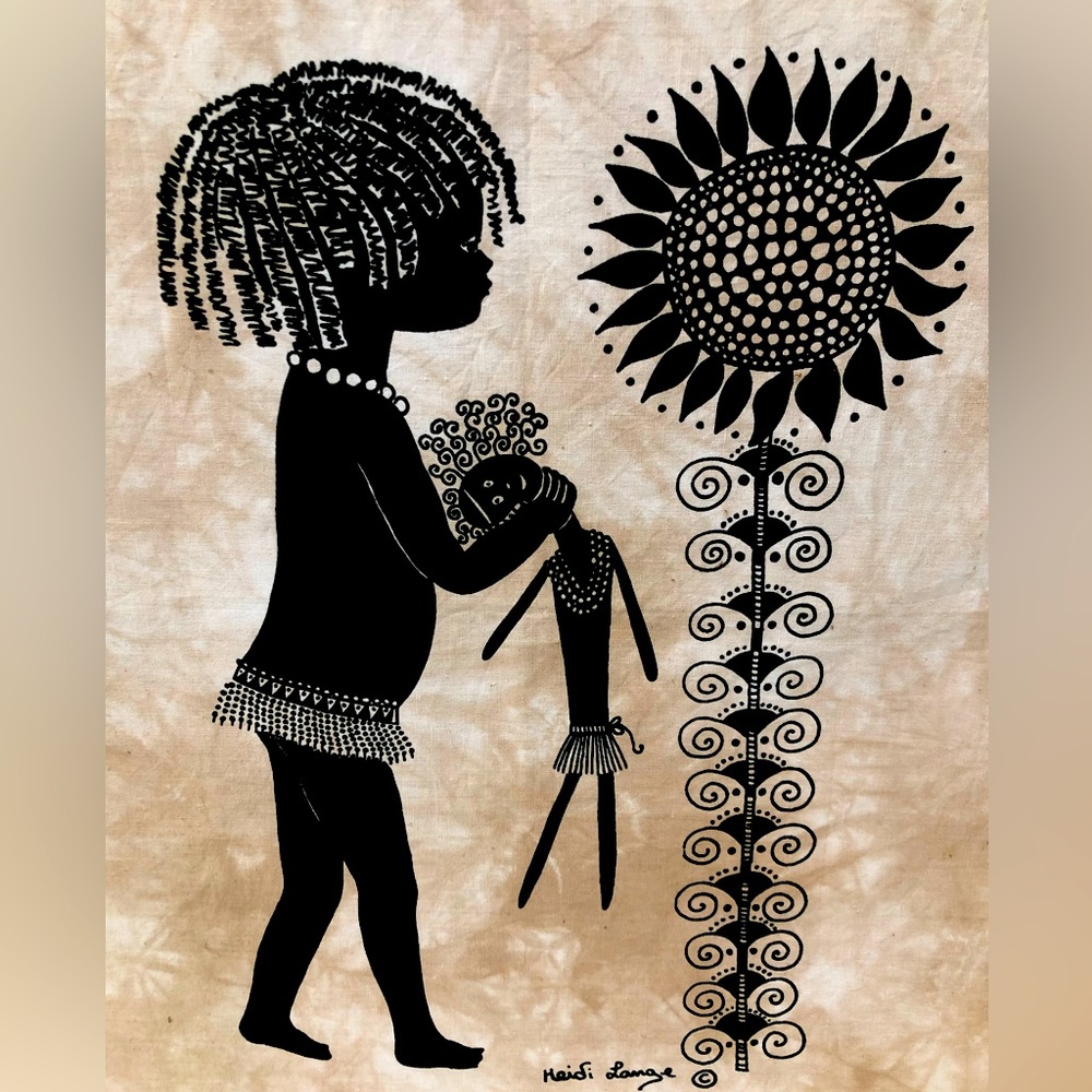 SOLDVintage Heidi Lange African print on fabric. Girl with sunflowers